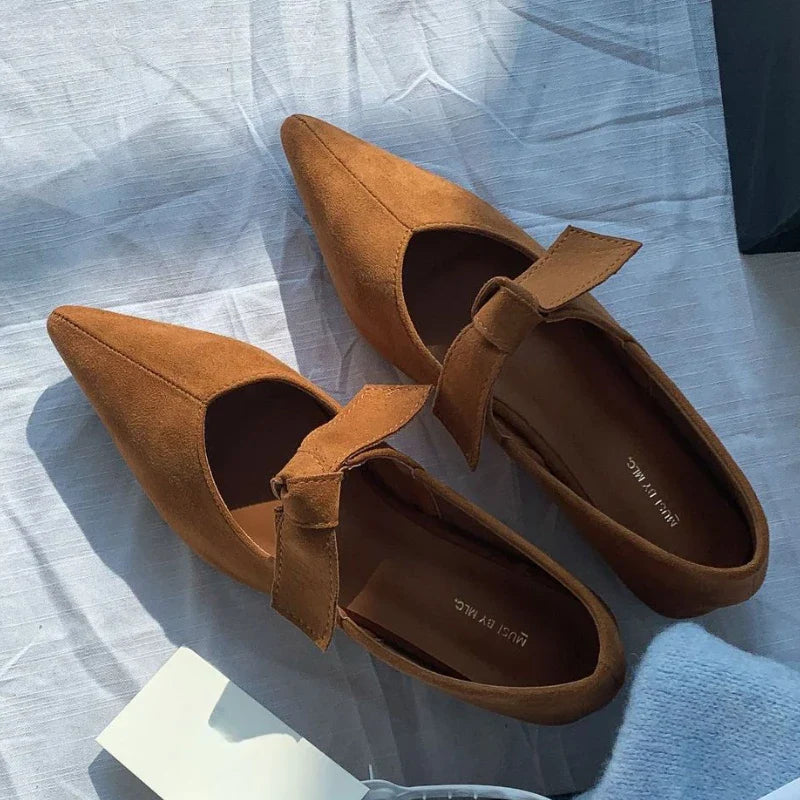 Satin Pointed Toe Mary Jane Bow Knitted Flats Shallow Comfortable Chunky Heel Elegant Design Ballet Shoes