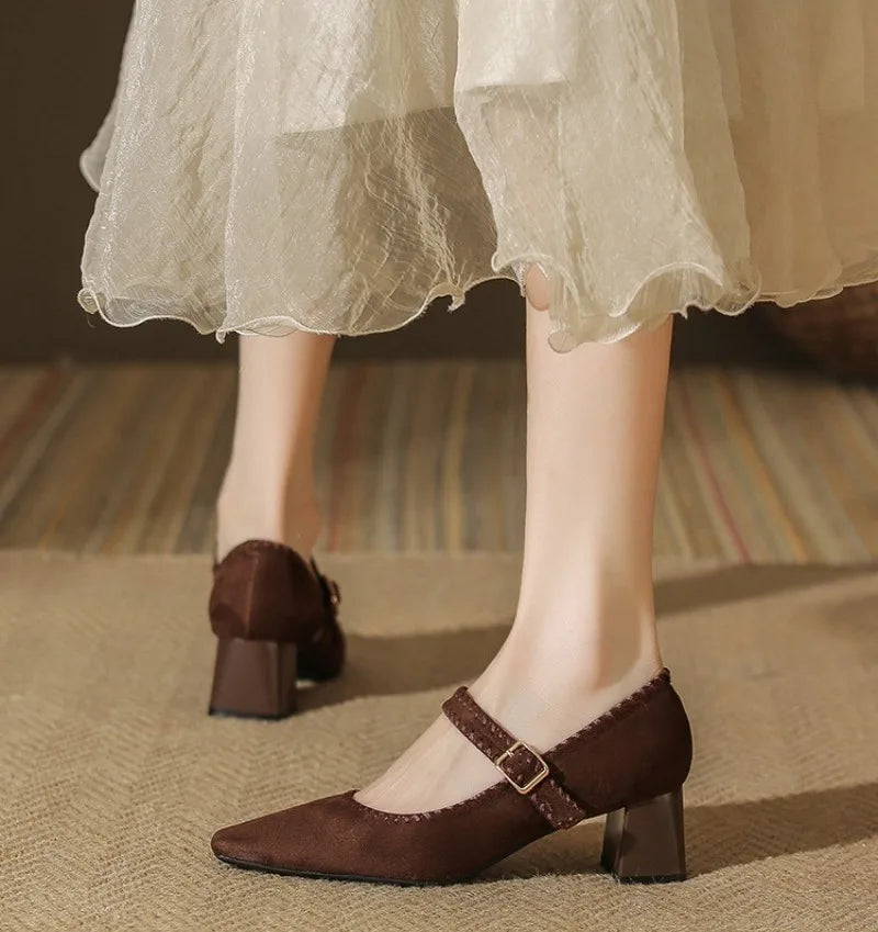 High Heeled One-word Buckle with Light Mouth Pumpss Thick Heel Small Square Head Mary Jane Shoes