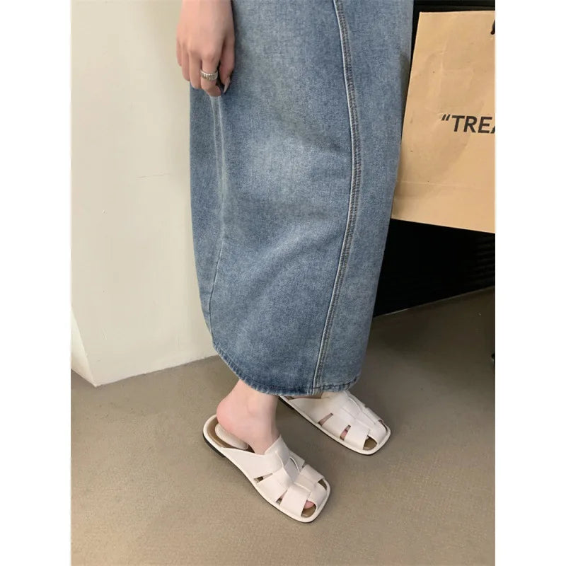 Slippers Shoes Low Slides Cover Toe Pantofle Fretwork Heels Flat Rubber PU Fabric Hoof Shoes Wo
