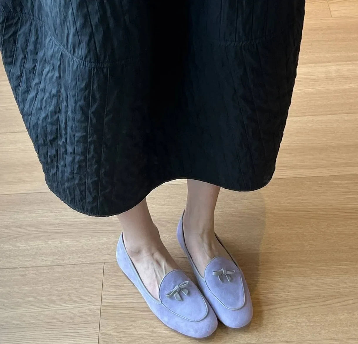 Suede Loafers shoes with Genuine Leather Bow Decoration Flat Shoes Comfortable Shallow Mouth Shoes