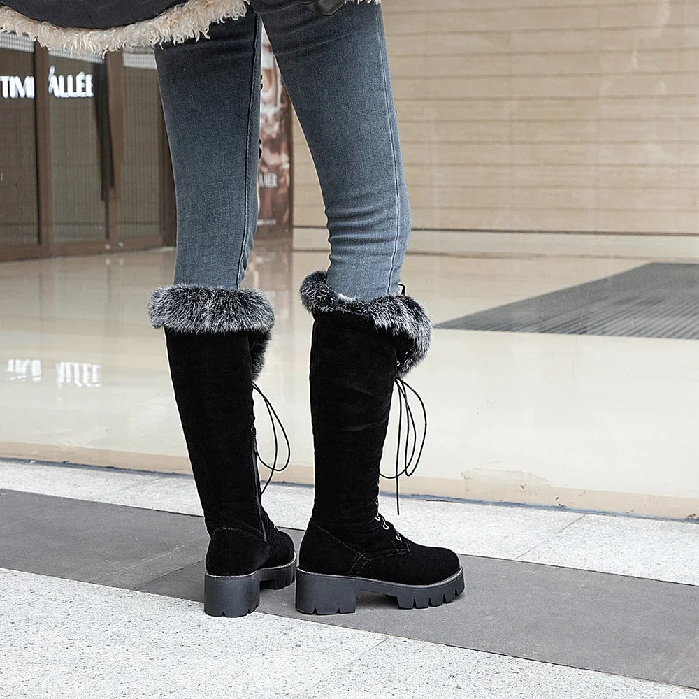 Lace-up Shoes Snow Boots Real Fur Boots Knee High Suede Thick Heel Warm Outdoor with Zip Big Size 43