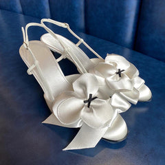 White Flower Sandals Round Toe Black Bow Detail Hollow Slingback Buckle Stiletto Heels Party Dress