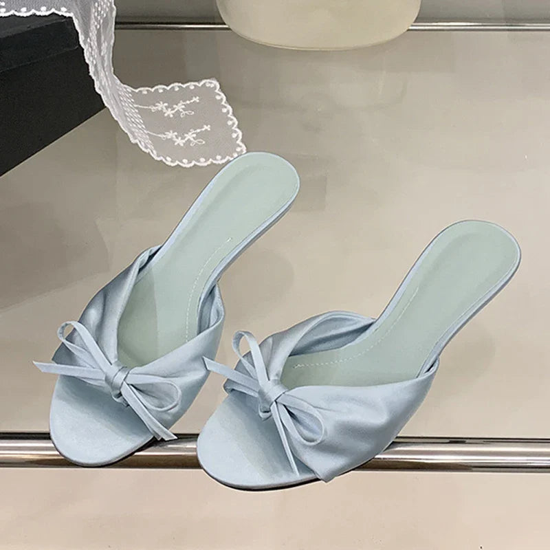 Silk Butterfly Knot Sandals Shallow Open Toe Thin Low Heels Mules Slides Shoes Zapatos Mujer
