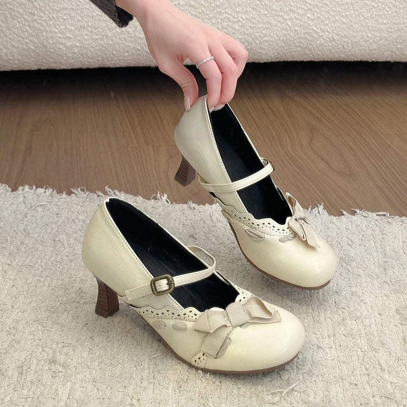 Thick Heel Mary Jane Shoes Butterfly-knot Buckle Strap Shoes Dress Pumps