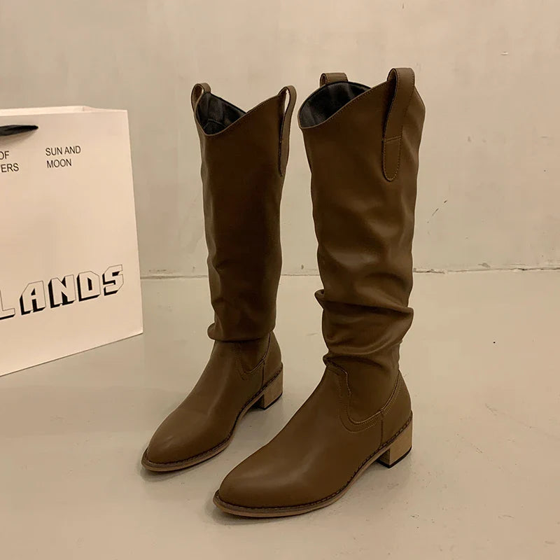 Vintage Woman Knight Knee High Boots Shoes Concise Slip On Western Cowboy Botas