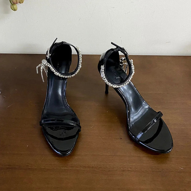 Rhinestones Heels Sandals Shoes Round Toe Ankle Strap Footwear Party High Heels