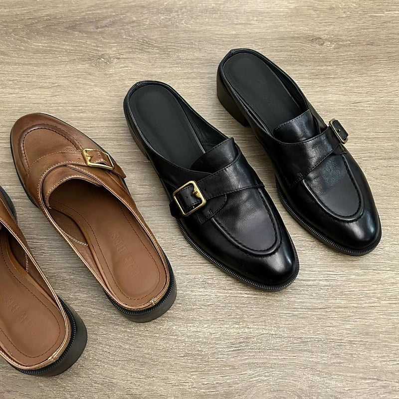 British Buckle Strap Mules Shoes Med-High Heels Slippers Slip On Derby Sliders Femmes Pantuflas PU Leather Loafers Woman