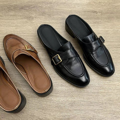 British Buckle Strap Mules Shoes Med-High Heels Slippers Slip On Derby Sliders Femmes Pantuflas PU Leather Loafers Woman