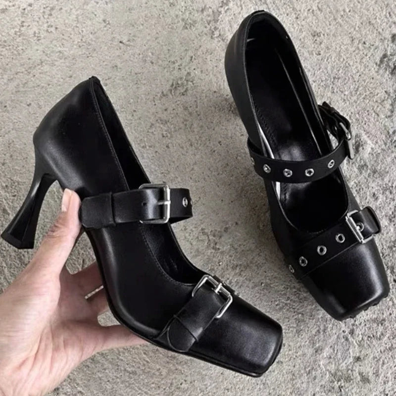Heeled Ballet Shoes Belt Buckle Casual Chunky Heeled Platform Loafers Square Toe Mary Jane Shoes