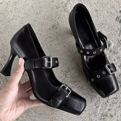 Heeled Ballet Shoes Belt Buckle Casual Chunky Heeled Platform Loafers Square Toe Mary Jane Shoes