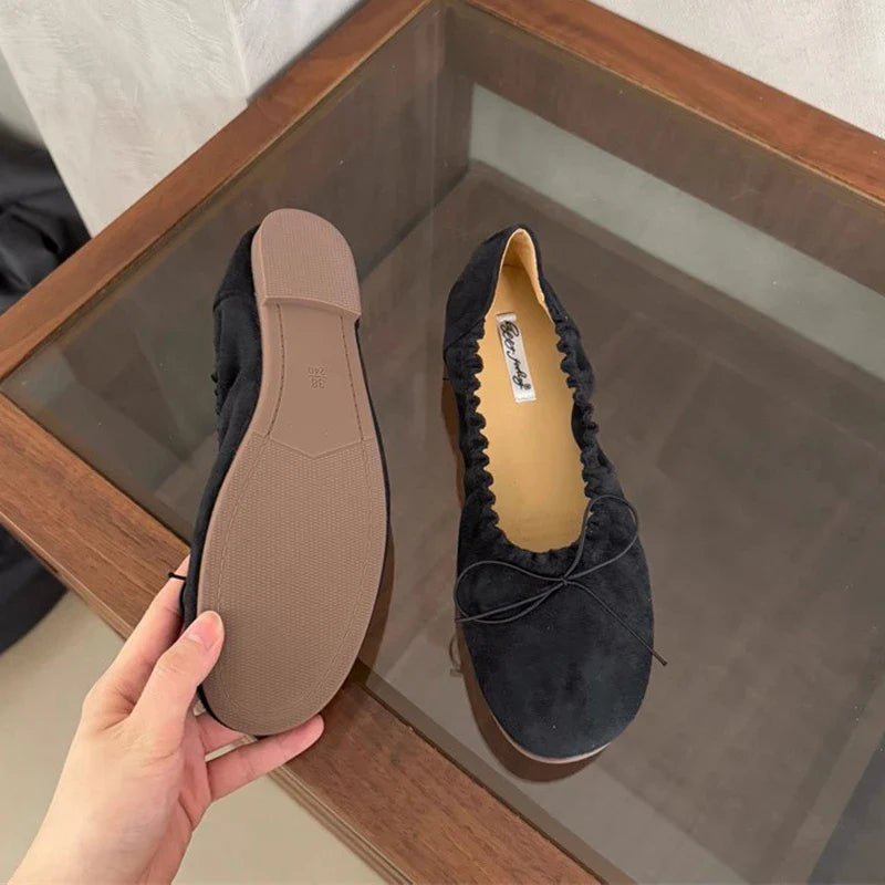 Brand Flat Shoes Round Toe Pleated Shallow Slip On Boat Shoes Soft Flat Heel Single Shoes
