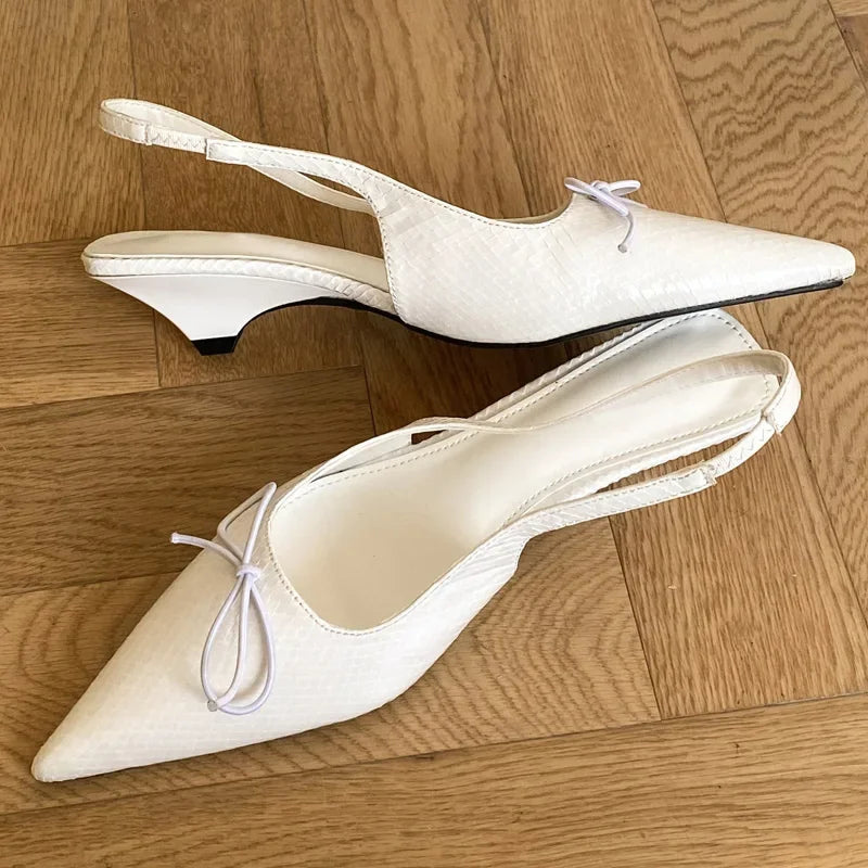 Butterfly-knot Thin Low Heels Sandals Elegant Pointed Toe Slip-On Slingback Shoes