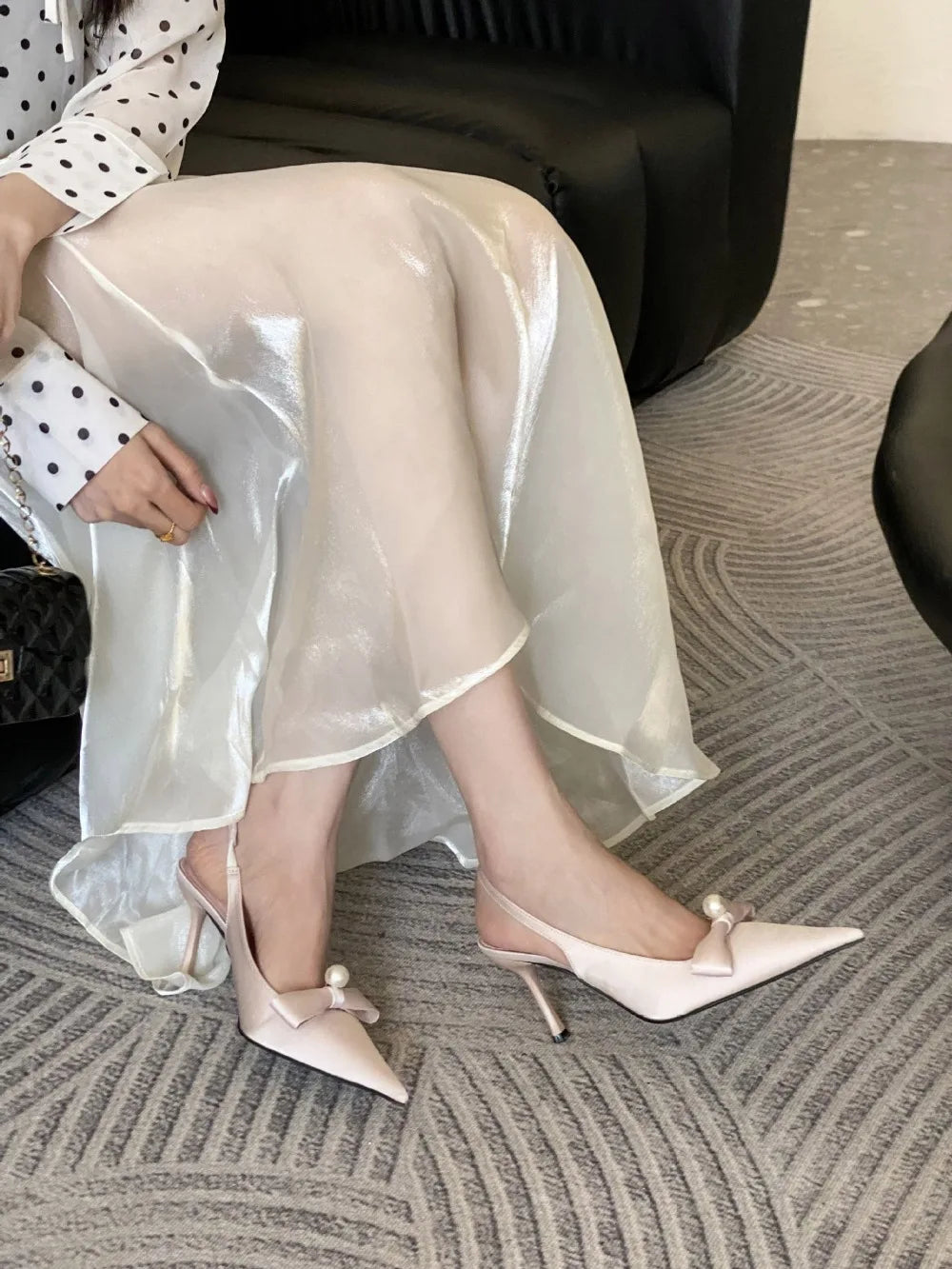 High Quality Satin Bow Pumps Pointed Toe Thin Heeled Backless Brand Shallow Mouth Sandal
