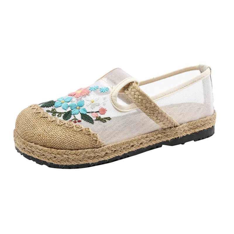 Thin Mesh Embroidered Shoes Breathable Antique Hanfu Shoes Old Beijing Cloth Shoes Flat Shoes
