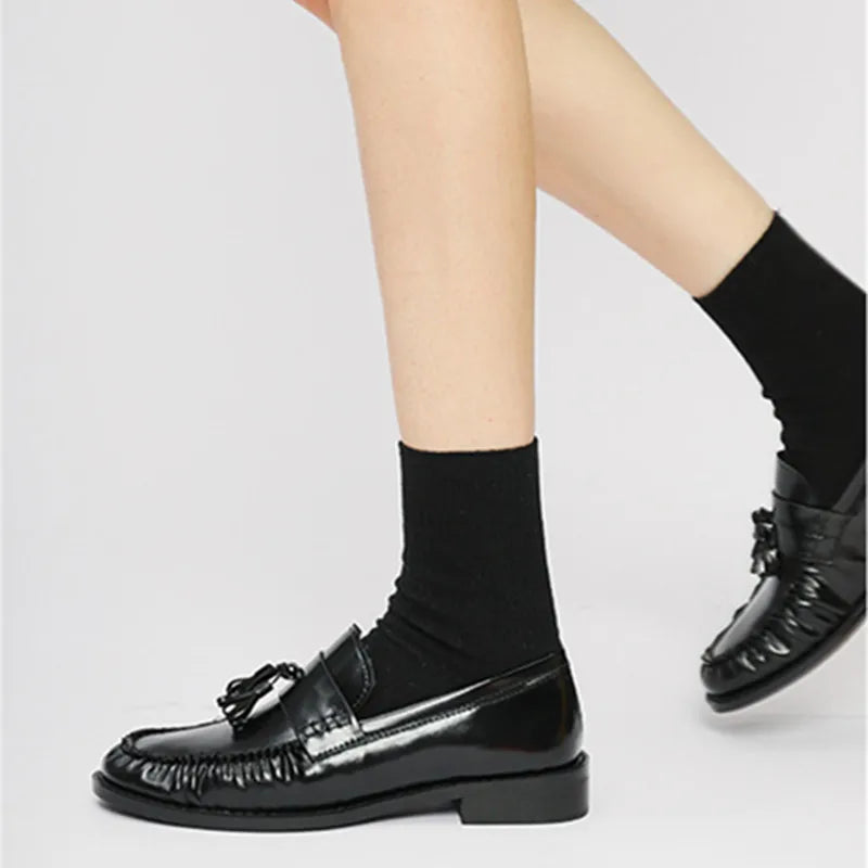 Black Patent Leather Chunky Heel Loafers Pleated Fringe Sewing Shoes Comfortable Soft Leather Zapatos De Mujer