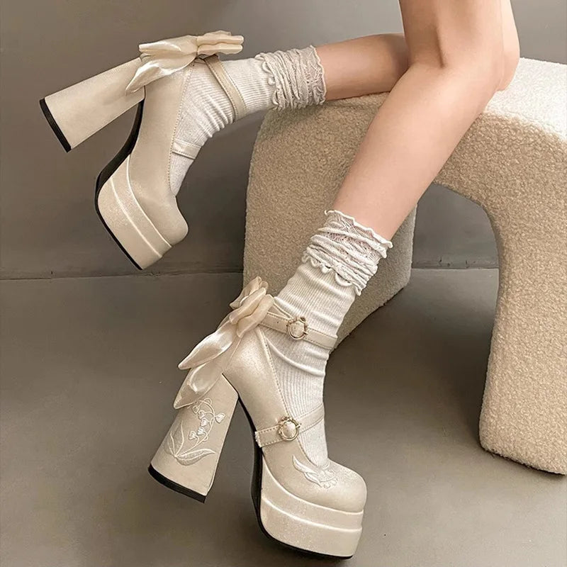 Pink Lolita High Heels Pumps Cute Bow Round Ankle Straps Chunky Platform Mary Jane Shoes Embroidered Heels