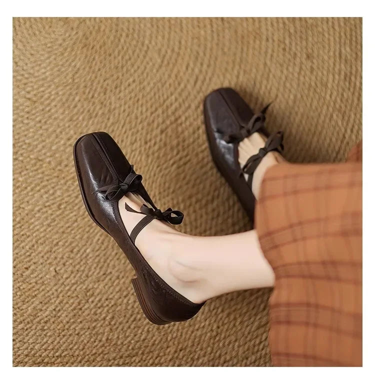 Mary Jane Shoes Ballet Bow Square Toe Mid Heels Nude Shoes Casual Elegant Shallow Pumps