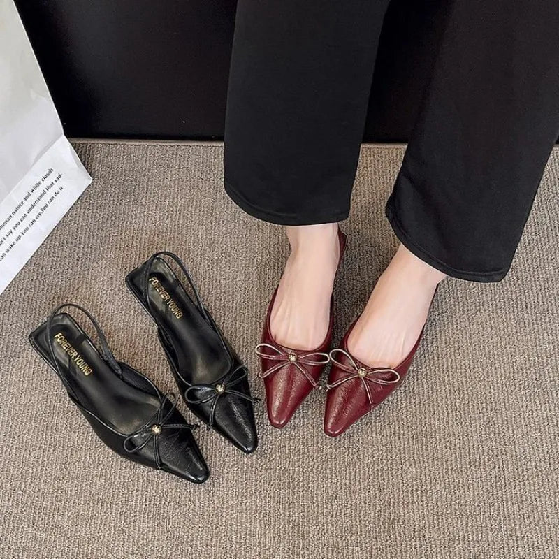 Pointed Toe Heeled Sandals Bow Slippers Slingback Shoes Party Trend Dress Zapatos