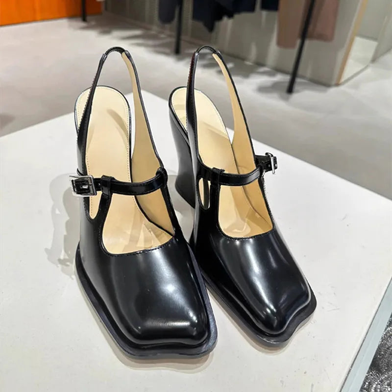 Black Patent Leather Mary Janes Slingbacks Wave Toe Chunky High Heels Office Lady Daily Shoes