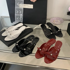 String Bead High-Heeled Shoes Ladys Slippers Outdoor Slides Pantofle Butterfly-Knot Low Rubber Flip Flops Hawaiian PU