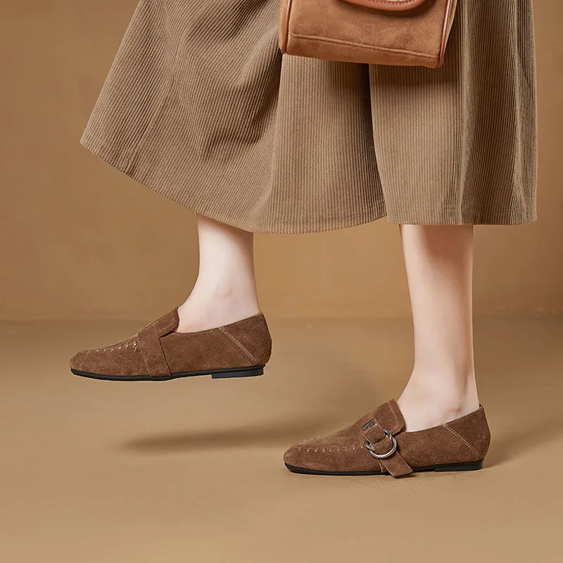 Genuine Leather Flats Metal Buckle-Decorated Suede Loafers Light Comfortable Cow Suede Shoes