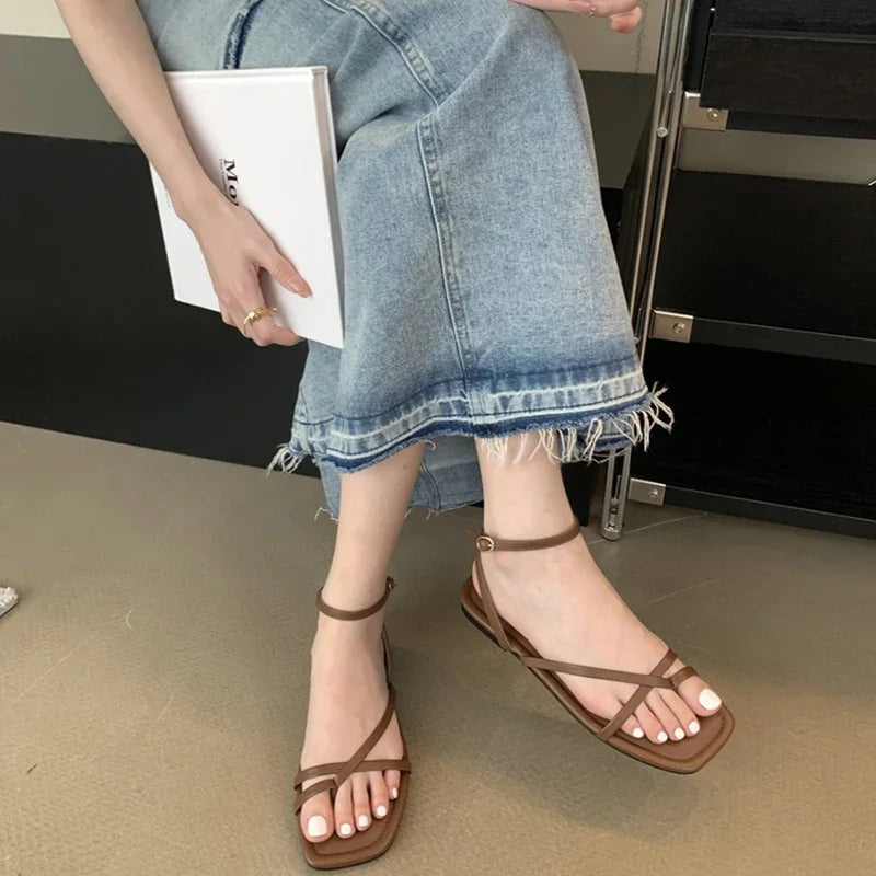 Gladiator Elegant Narrow Band Clip Toe Shoes Comfort Flats Beach Sandalias
