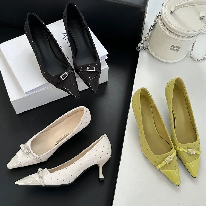 Pointed Toe Low Heel Shoes Belt Buckle Elegant Office Thin High Heels Shallow Pumps Zapatos De Mujer