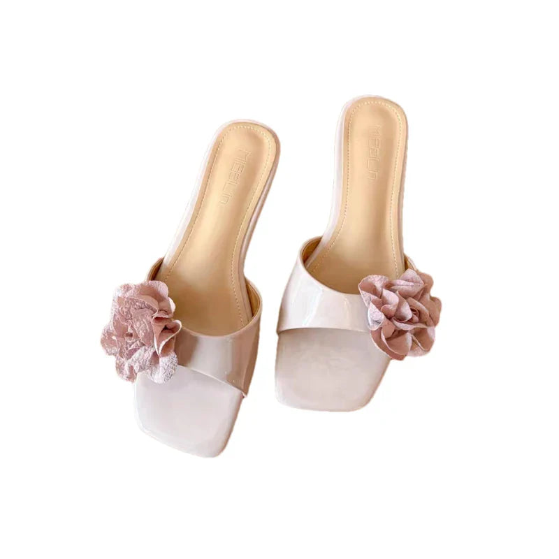 Flower Slippers Square Toe Flats Sandals Elegant Slingback Slides Mujer Flip Flops
