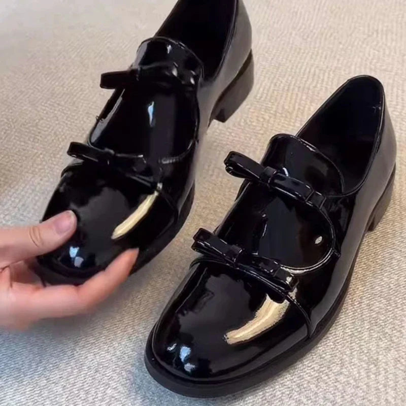 Preppy Double Bowtie Oxfords Woman Low Heels Flats Shiny Small Leather Shoes College Girls Sneakers Femmes Derby Loafers