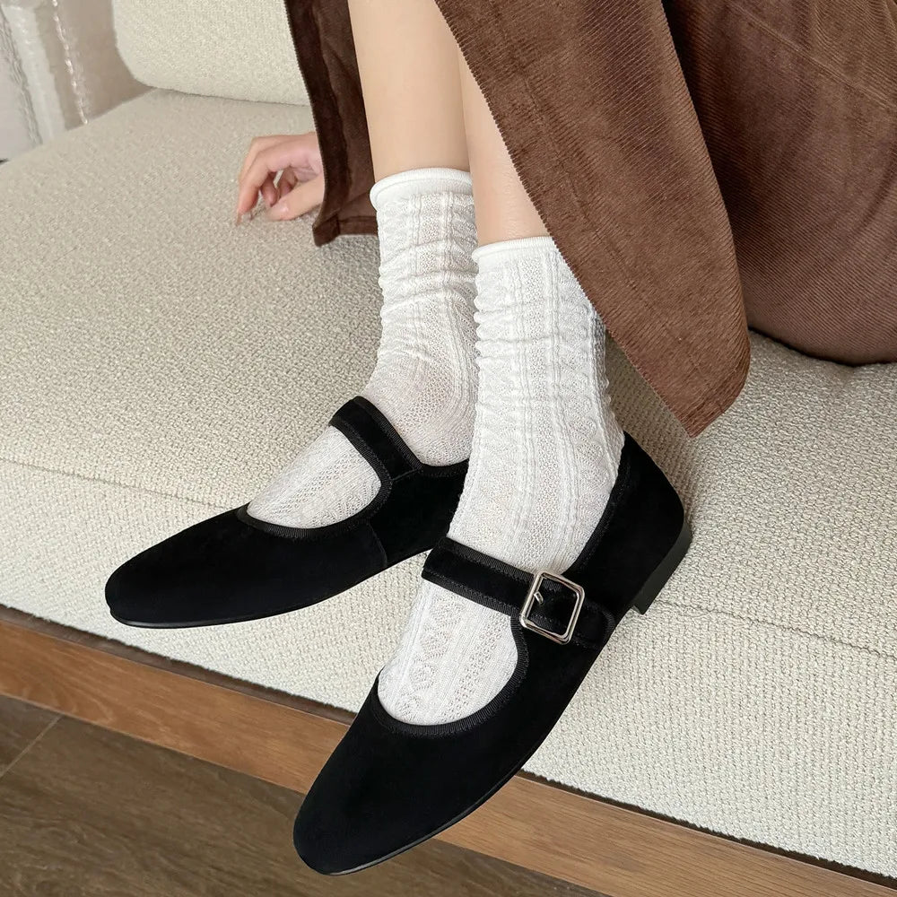 Flats Round Toe Genuine Leather Buckle Strap Mary Janes Office Lady Working Shoes Woman Concise