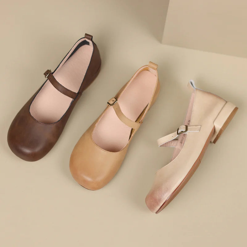 Vintage Round Toe Low Heels Genuine Leather Casual Office Working Shoes Woman Retro Style