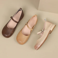 Vintage Round Toe Low Heels Genuine Leather Casual Office Working Shoes Woman Retro Style