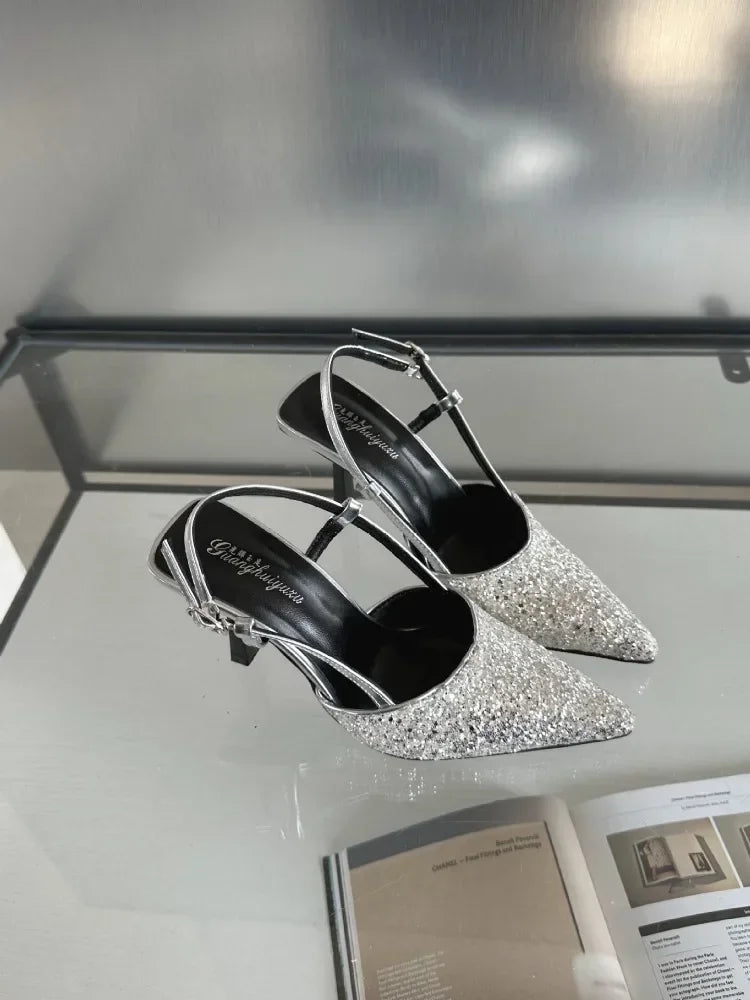 Bling Design Mules Sandals Pointed Toe Thin High Heels Back Strap Banquet Pums