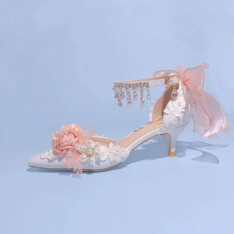 Lolita Brode Shoes Pearl Rhinestone Pink High Heels