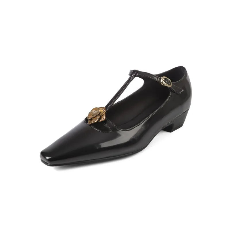 Retro Mary Jane Leather Buckle Thick Heel Square Toe Metal Flower Shoes 34-40