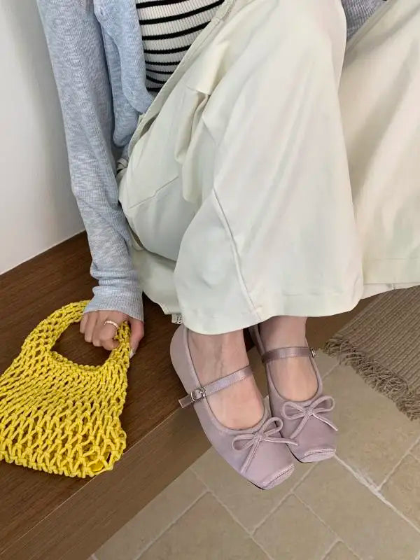 Woman Shallow Mouth Grandma Soft Bow-Knot Square Toe Elegant Ballet Dress Butterfly