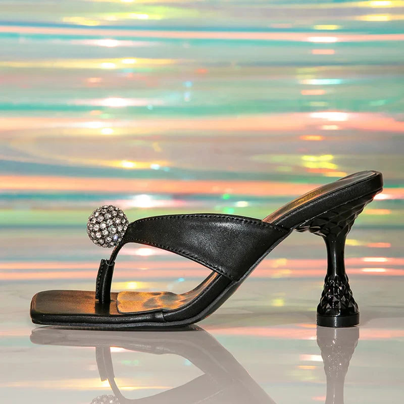 Cozy Black Leather Narrow Band Flip Flops 8.5CM Strange High Heels Slides Shoes Beach Party Slipper Sandalias