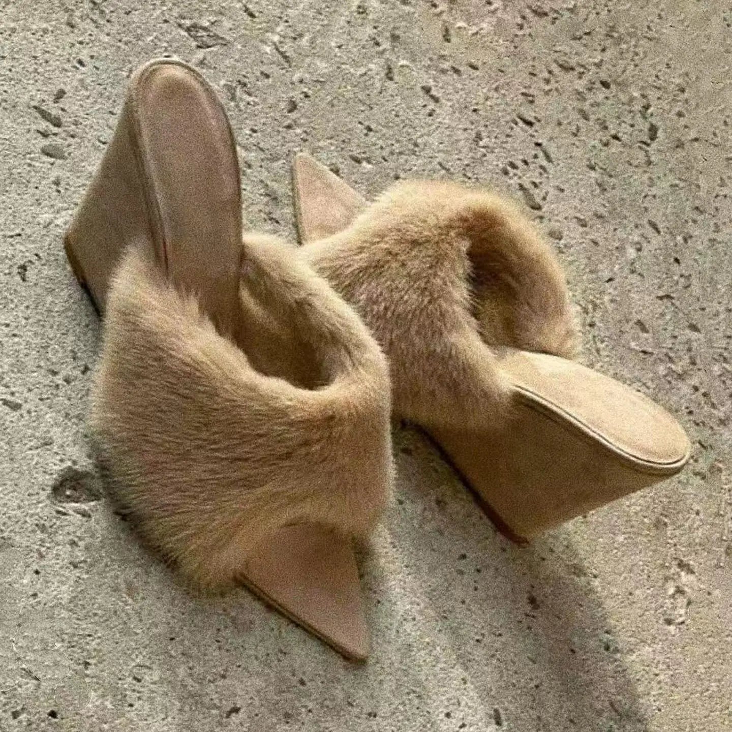 Plush Slippers French Pointed Open-toed Fluffy Slippers Home Outdoors Wedge Shoes Heels Highquality