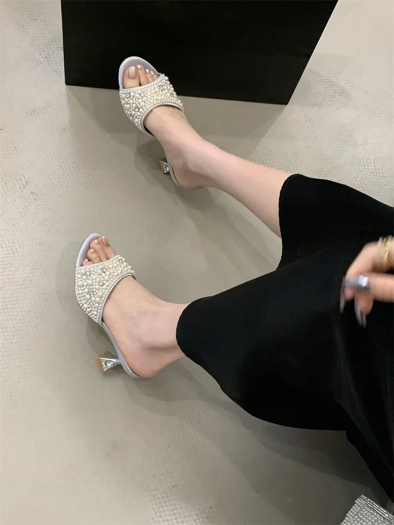 White Pearl Sandals Open Toe Crystal Rhinestone Low Heels Mules Party