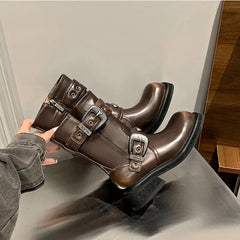 Metal Belt Buckle Motorcycle Boots Rivet Patent Leather Platform Wedge High heels Chunky Boots Shoes