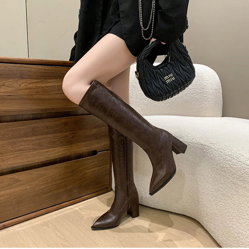 Knee High Boots Knight Long Booties Square High Heels Shoes Botas Mujer