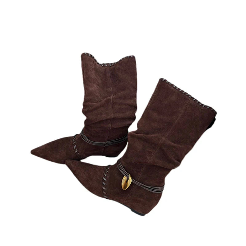 Mid Calf Boots Pointed Toe Flats Shoes Chelsea Boots Casual Walking Suede Zapatos Goth Mujer Botas