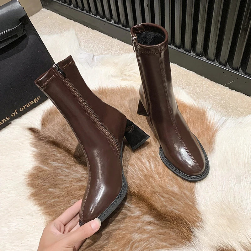 Elegant High Heels Shoes Chelsea Ankle Boots Chunky Square Toe Shoes Motorcycle Pumps Botas