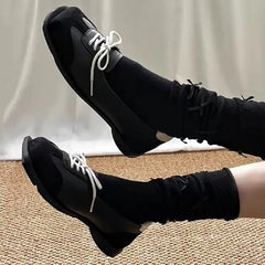 Novelty Lace Up Ballet Sneaker Flats Square Toe Splicing Design British Style Mary Jane Shoes Cozy Non-Slip Pumps