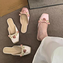 Satin Flower Slippers Non-slip Casual Slide Comfy Light Ethnic Style Sandals Flat Floral Mule Shoes