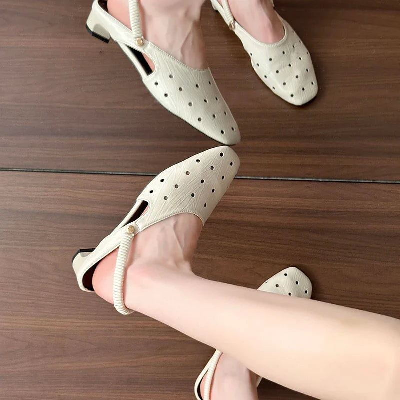Hollow Sandals Heels Slippers Beach Mules Shoes Trend Chunky Leather Shoes Casual Flip Flops Mujer Slides