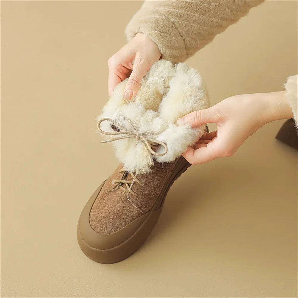 Wool Snow Boots Flats With Platforms Cross-tied Ankle Boots Round Toe Fur Short Warm Boots Shoes