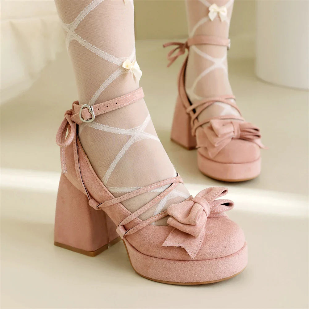 Lolita Bow Bow Decor Pumps Platform Chunky High Heels Ankle Strap Sweet Cute Elegant Pumps