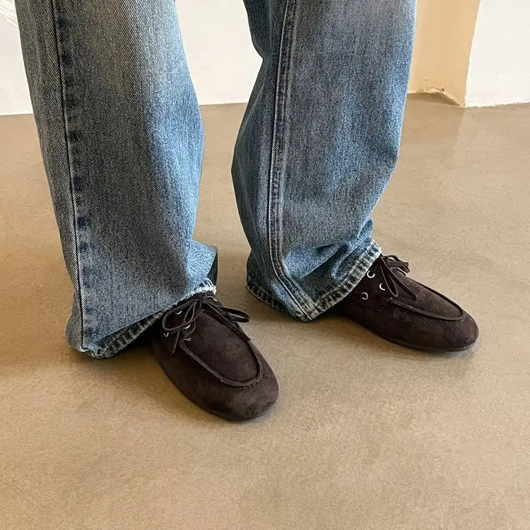 Leather Flats Shoes Loafers Round toe Vintage Suede Leather Casual British Style Flat Single Shoes