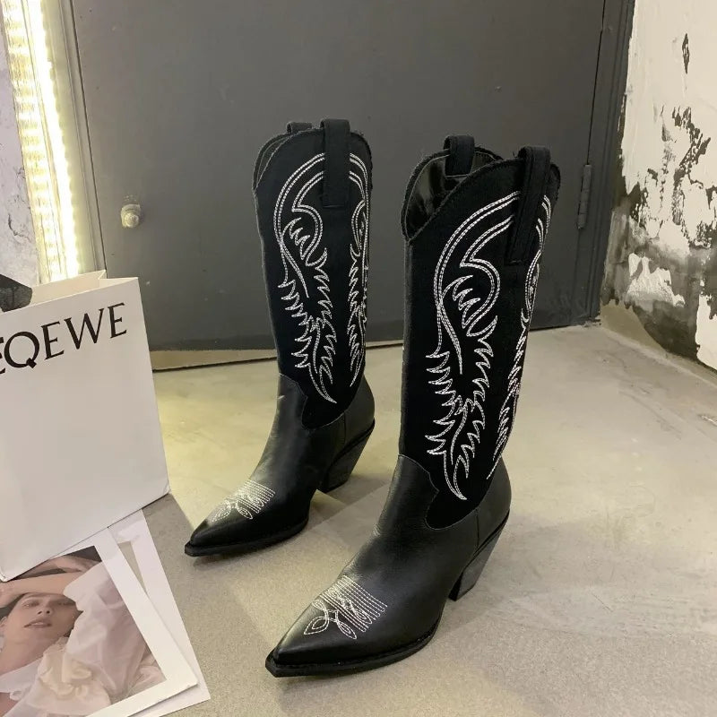Western Cowboy Boots Pointed Toe High Heel Shoes Embroidery Chelsea Boots Zapatos Mujer